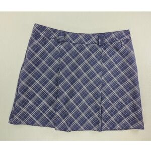 Maggie Lane Women Sz 14 Mini Skirt Skort Navy Blue Plaid Pleats Academia Pockets